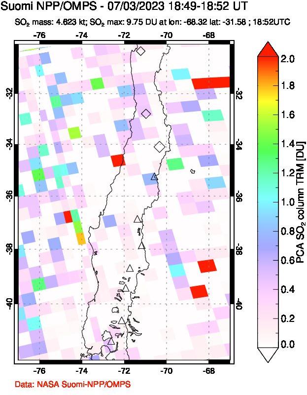 A sulfur dioxide image over Central Chile on Jul 03, 2023.