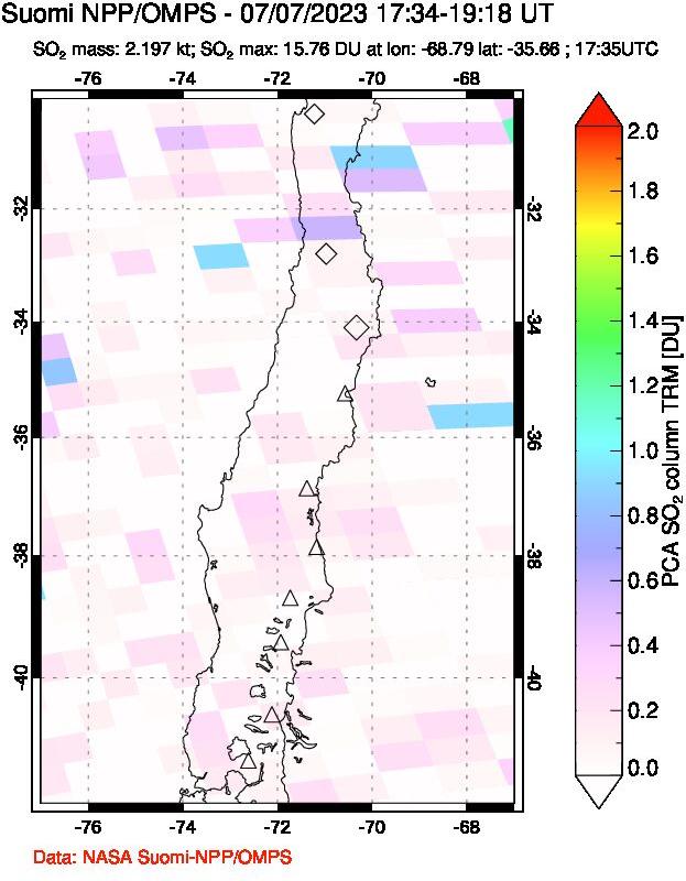 A sulfur dioxide image over Central Chile on Jul 07, 2023.