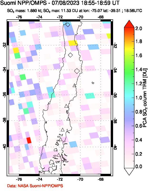 A sulfur dioxide image over Central Chile on Jul 08, 2023.
