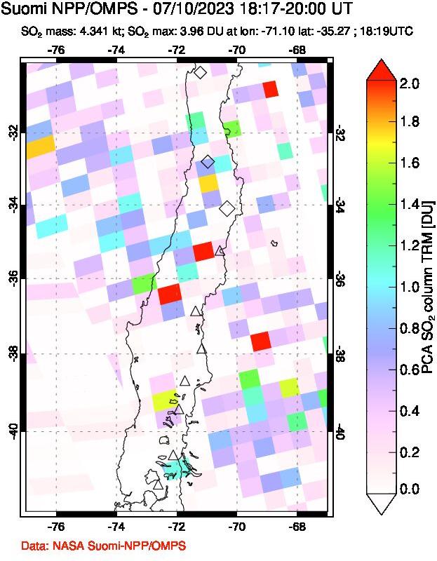 A sulfur dioxide image over Central Chile on Jul 10, 2023.