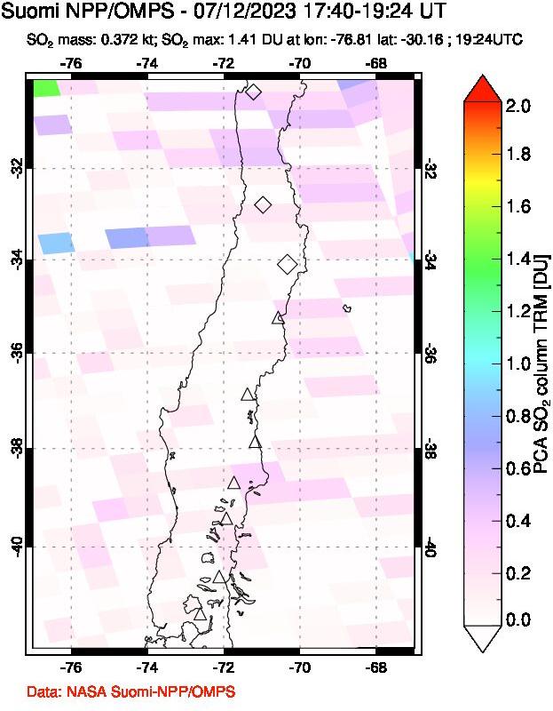 A sulfur dioxide image over Central Chile on Jul 12, 2023.