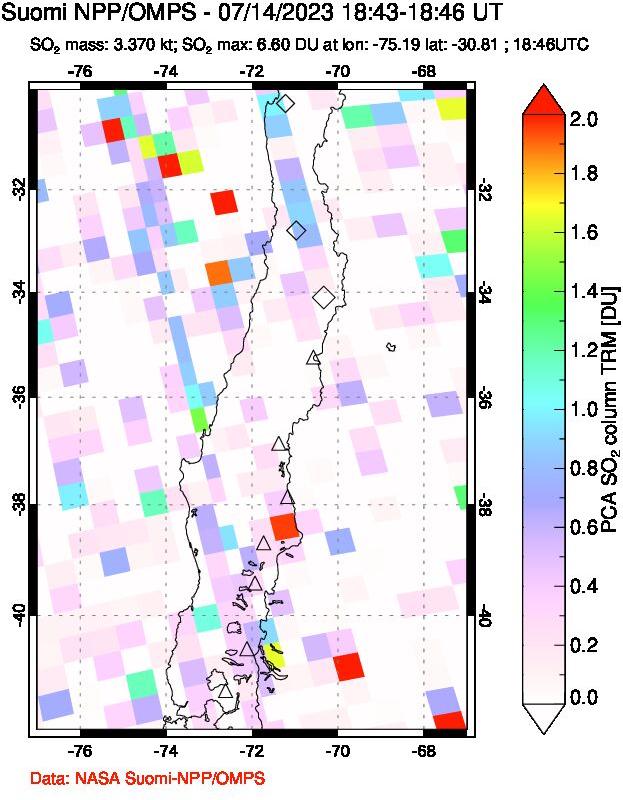 A sulfur dioxide image over Central Chile on Jul 14, 2023.