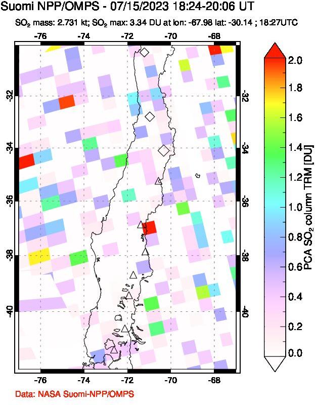 A sulfur dioxide image over Central Chile on Jul 15, 2023.
