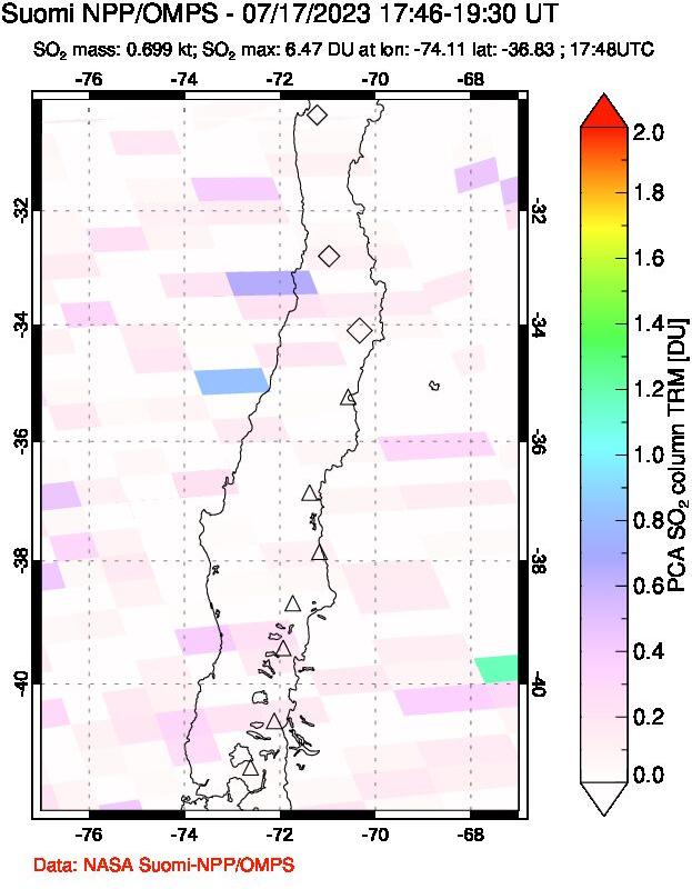 A sulfur dioxide image over Central Chile on Jul 17, 2023.