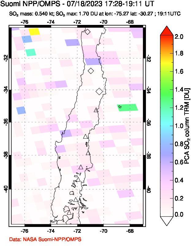 A sulfur dioxide image over Central Chile on Jul 18, 2023.