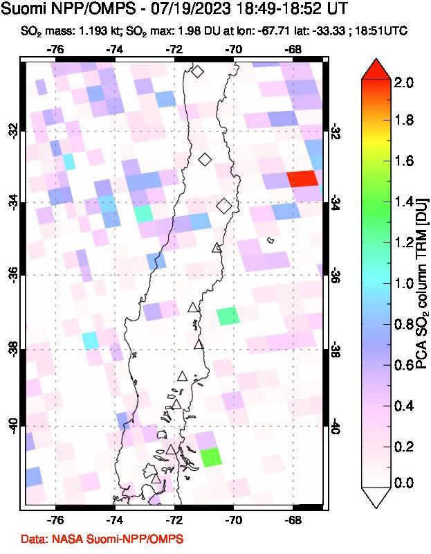 A sulfur dioxide image over Central Chile on Jul 19, 2023.