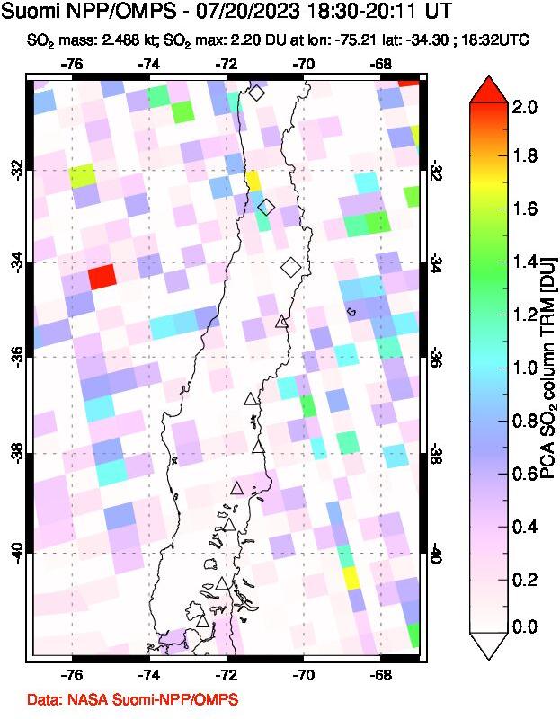 A sulfur dioxide image over Central Chile on Jul 20, 2023.