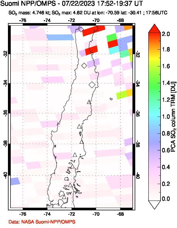 A sulfur dioxide image over Central Chile on Jul 22, 2023.