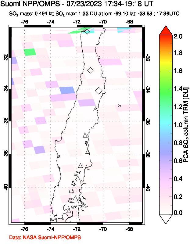 A sulfur dioxide image over Central Chile on Jul 23, 2023.