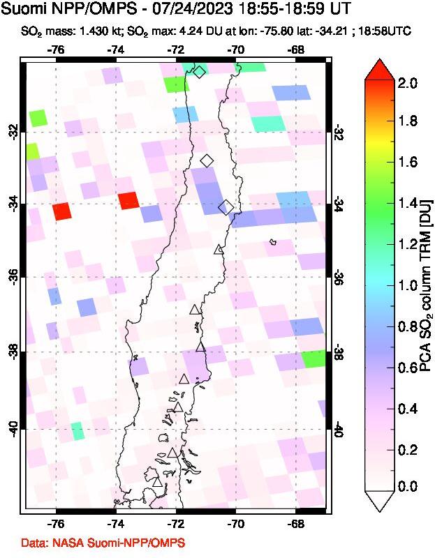 A sulfur dioxide image over Central Chile on Jul 24, 2023.