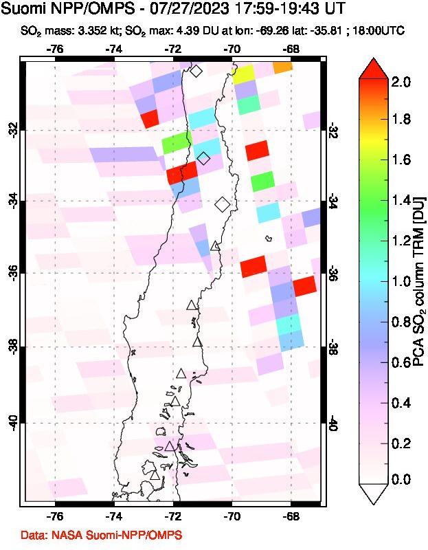 A sulfur dioxide image over Central Chile on Jul 27, 2023.