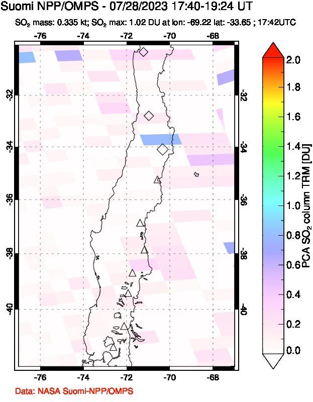 A sulfur dioxide image over Central Chile on Jul 28, 2023.