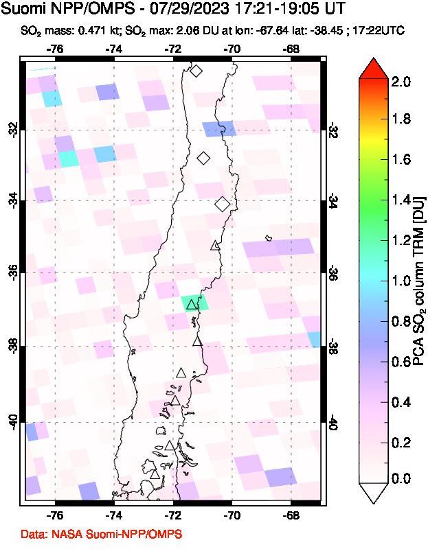 A sulfur dioxide image over Central Chile on Jul 29, 2023.