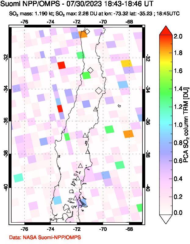 A sulfur dioxide image over Central Chile on Jul 30, 2023.