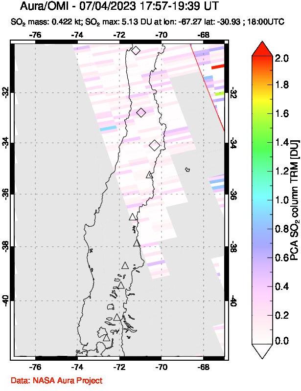 A sulfur dioxide image over Central Chile on Jul 04, 2023.
