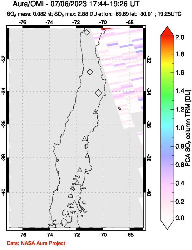 A sulfur dioxide image over Central Chile on Jul 06, 2023.