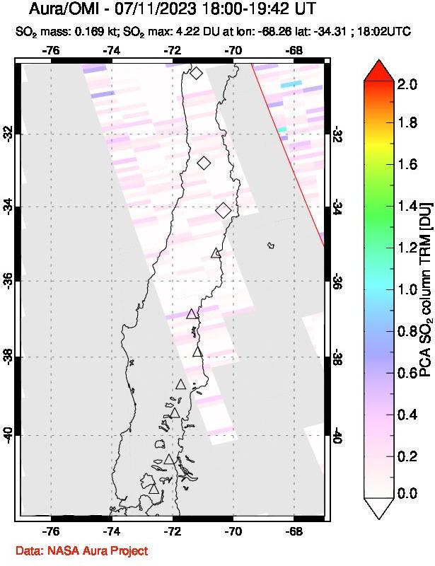 A sulfur dioxide image over Central Chile on Jul 11, 2023.