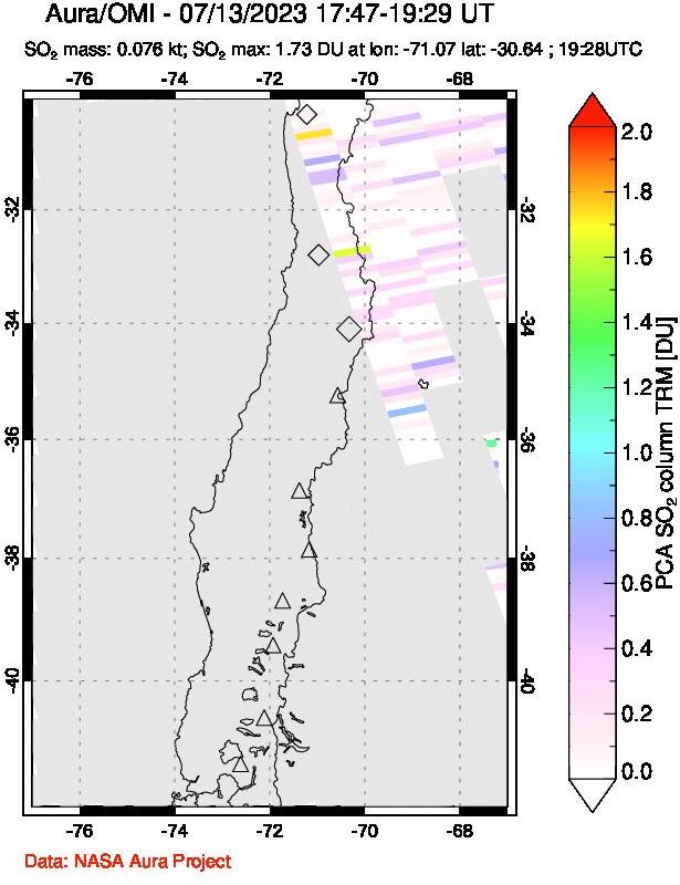 A sulfur dioxide image over Central Chile on Jul 13, 2023.