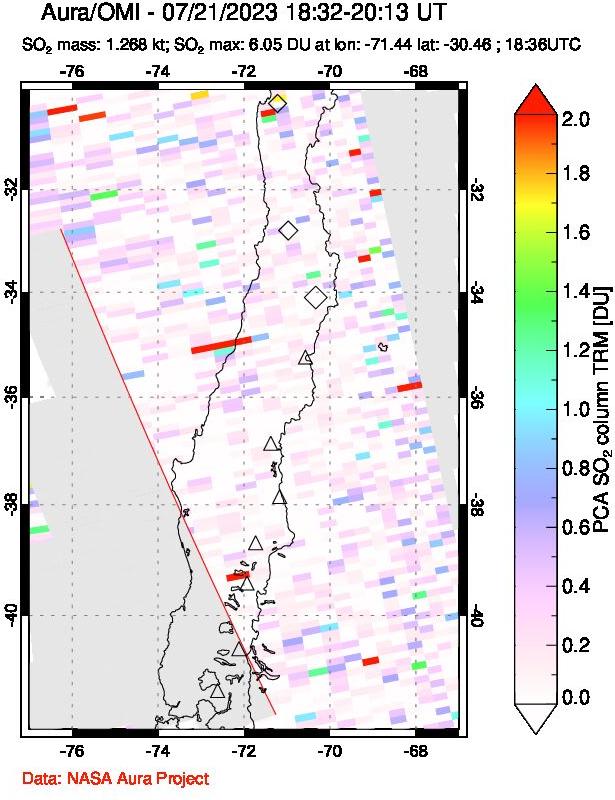 A sulfur dioxide image over Central Chile on Jul 21, 2023.