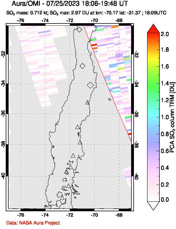 A sulfur dioxide image over Central Chile on Jul 25, 2023.