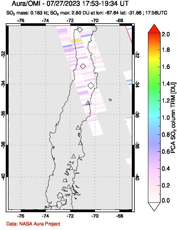 A sulfur dioxide image over Central Chile on Jul 27, 2023.