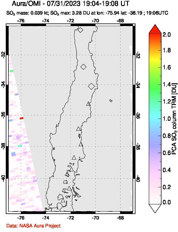 A sulfur dioxide image over Central Chile on Jul 31, 2023.