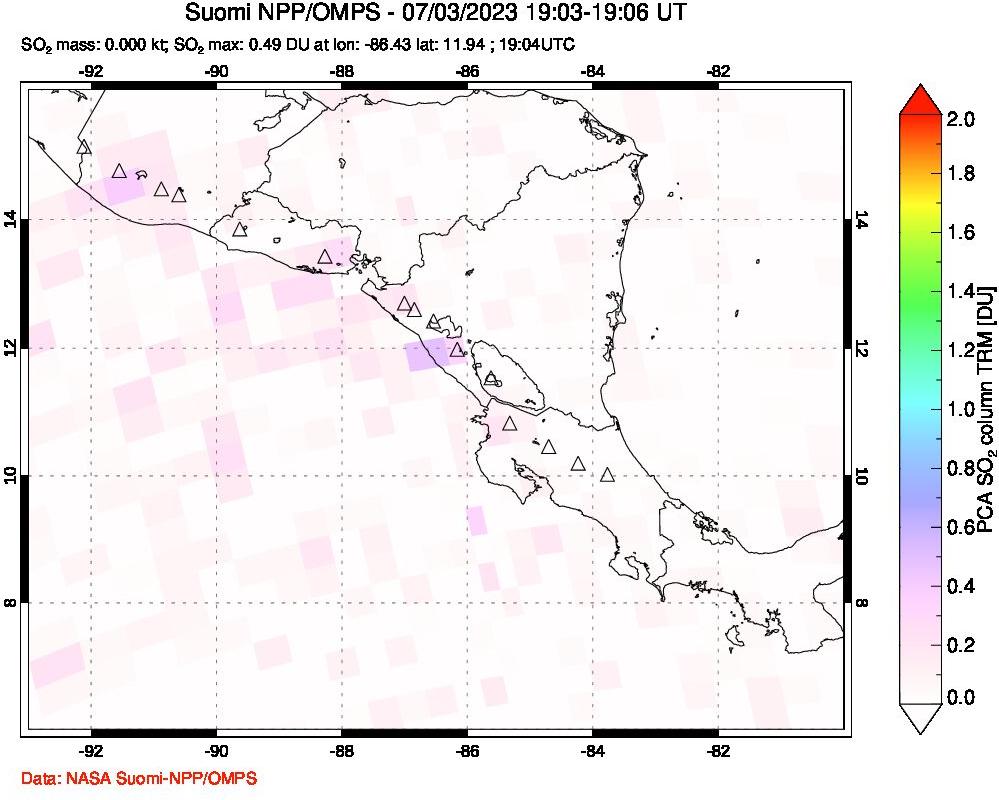 A sulfur dioxide image over Central America on Jul 03, 2023.