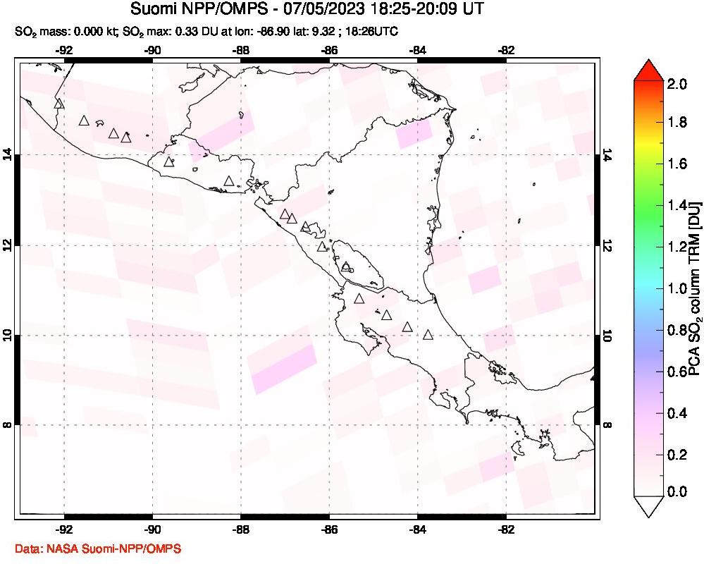 A sulfur dioxide image over Central America on Jul 05, 2023.