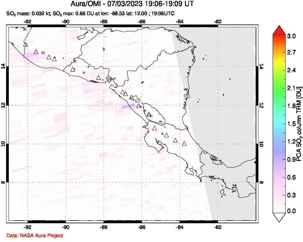 A sulfur dioxide image over Central America on Jul 03, 2023.