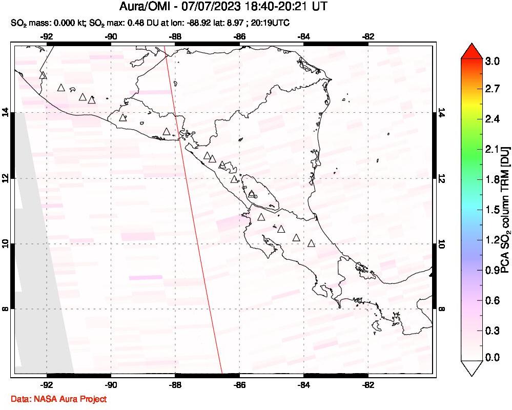 A sulfur dioxide image over Central America on Jul 07, 2023.