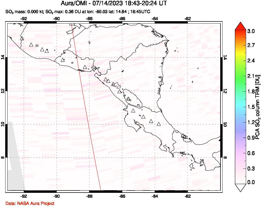 A sulfur dioxide image over Central America on Jul 14, 2023.