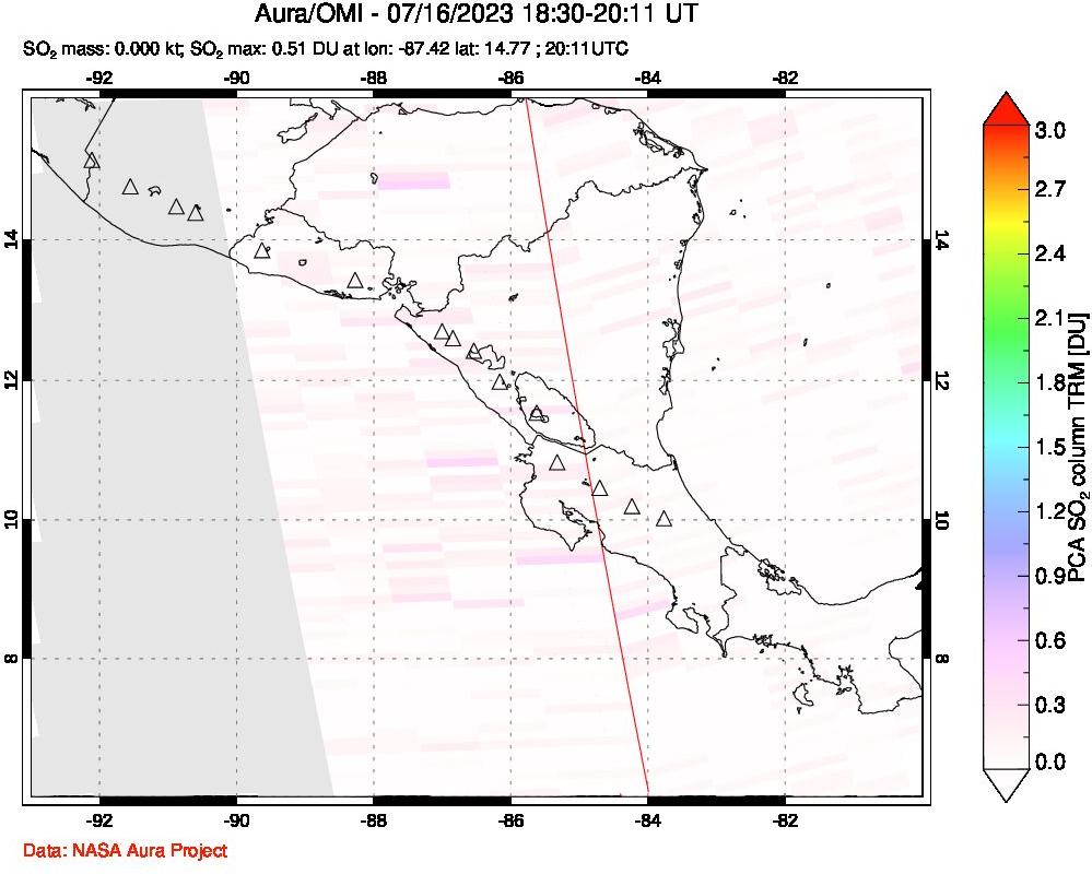 A sulfur dioxide image over Central America on Jul 16, 2023.