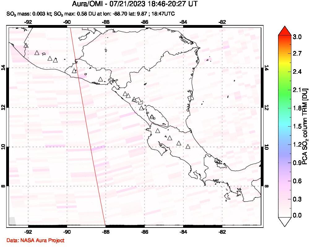 A sulfur dioxide image over Central America on Jul 21, 2023.