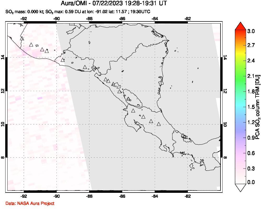 A sulfur dioxide image over Central America on Jul 22, 2023.