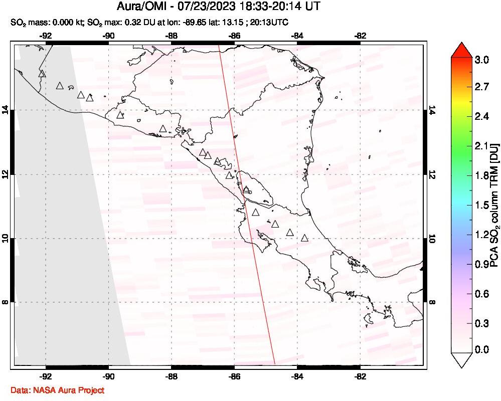 A sulfur dioxide image over Central America on Jul 23, 2023.