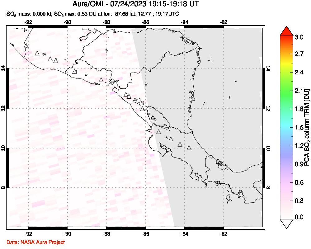 A sulfur dioxide image over Central America on Jul 24, 2023.
