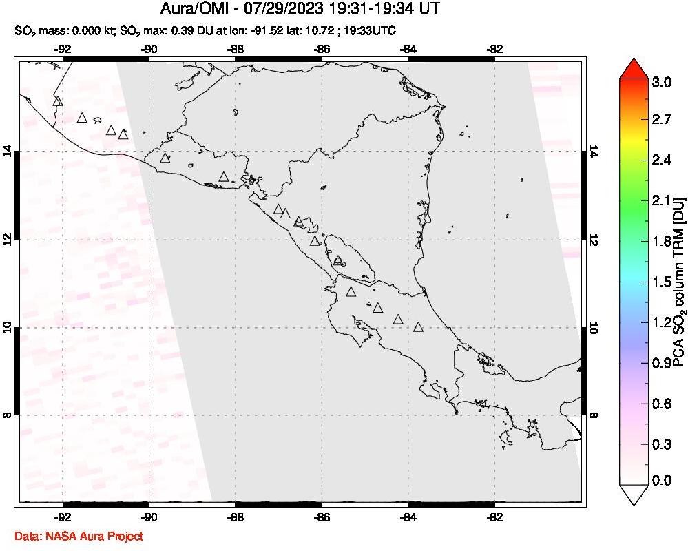 A sulfur dioxide image over Central America on Jul 29, 2023.