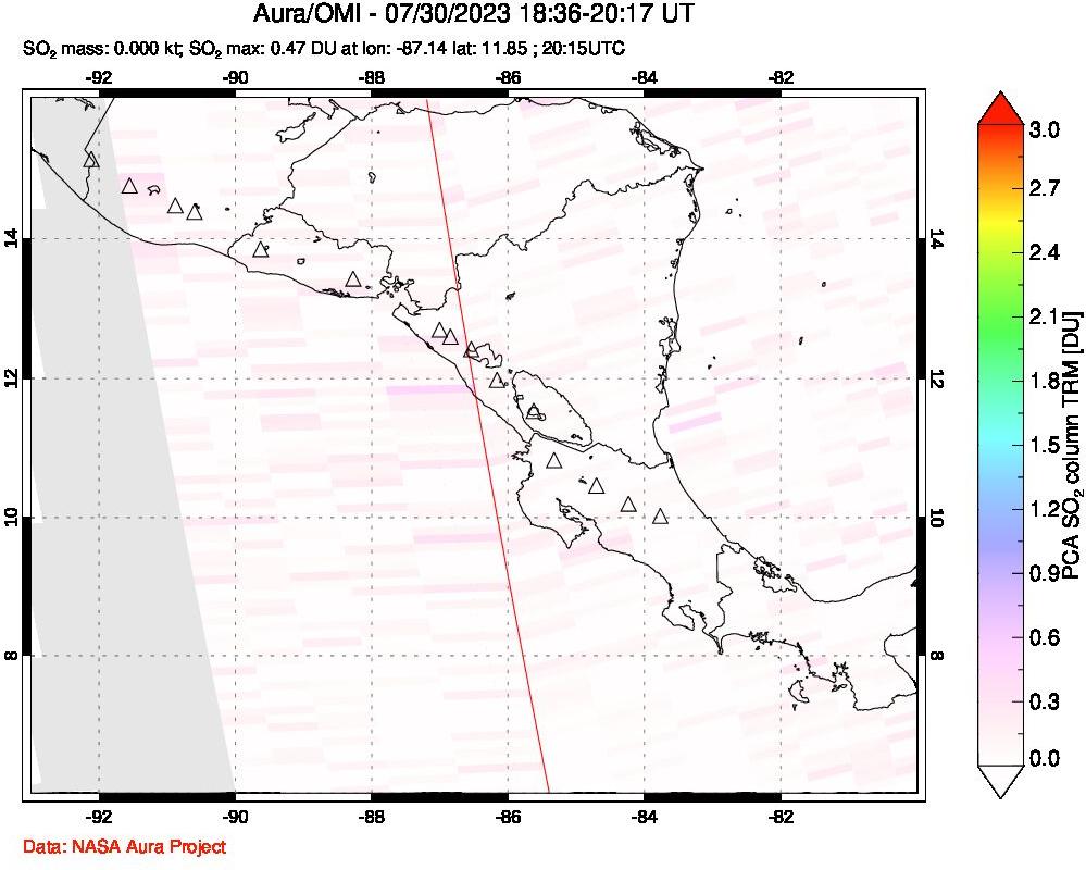 A sulfur dioxide image over Central America on Jul 30, 2023.