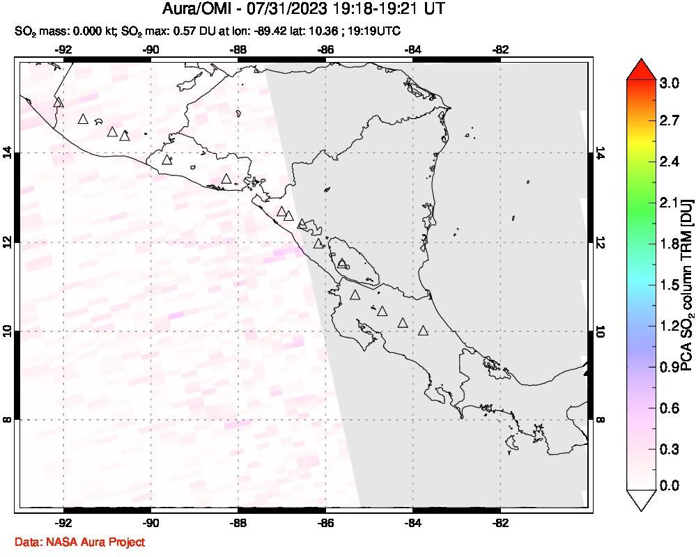 A sulfur dioxide image over Central America on Jul 31, 2023.