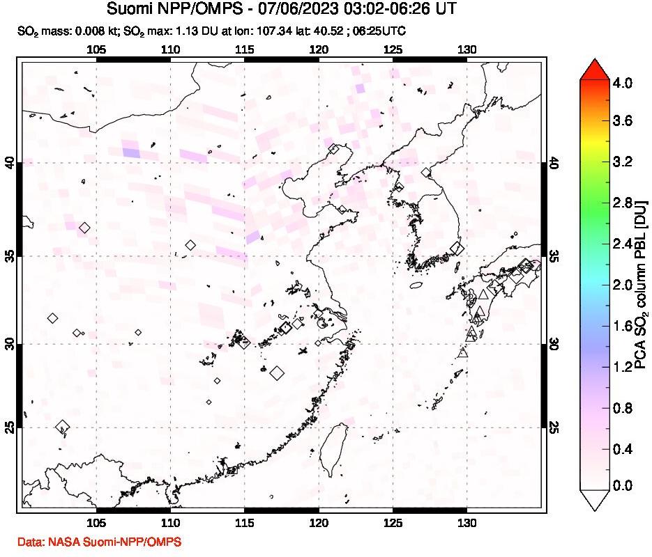A sulfur dioxide image over Eastern China on Jul 06, 2023.