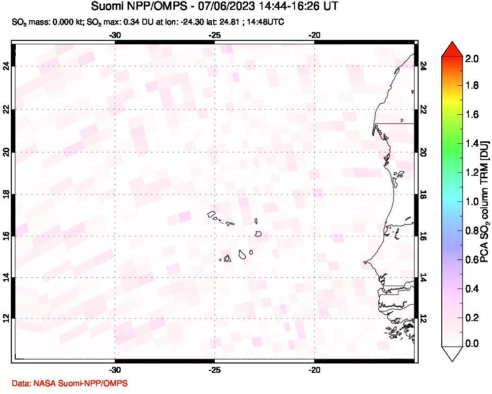 A sulfur dioxide image over Cape Verde Islands on Jul 06, 2023.
