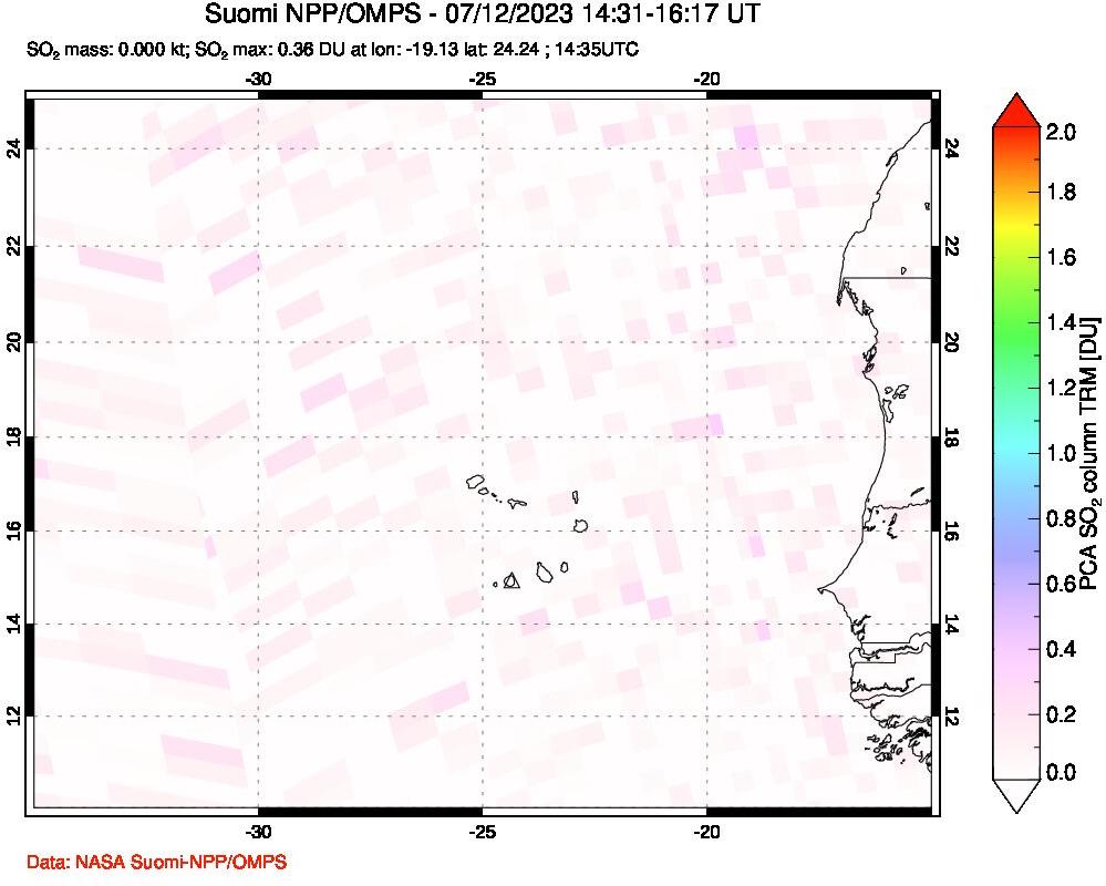 A sulfur dioxide image over Cape Verde Islands on Jul 12, 2023.