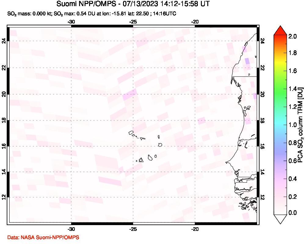 A sulfur dioxide image over Cape Verde Islands on Jul 13, 2023.