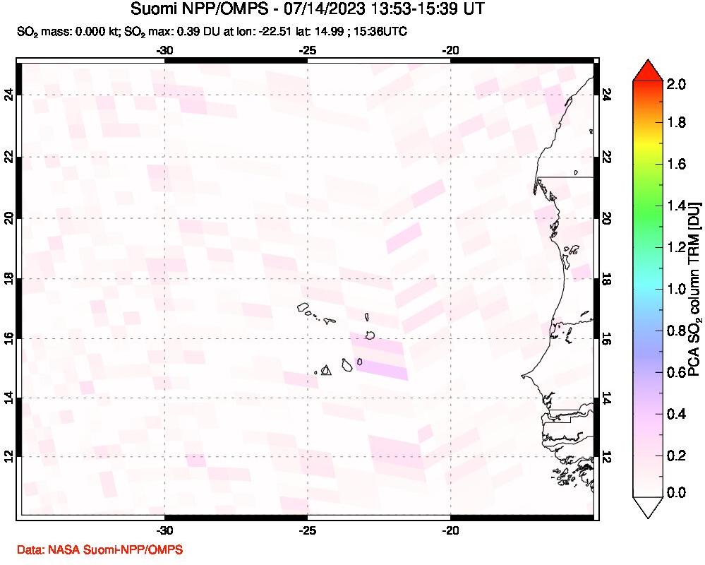 A sulfur dioxide image over Cape Verde Islands on Jul 14, 2023.