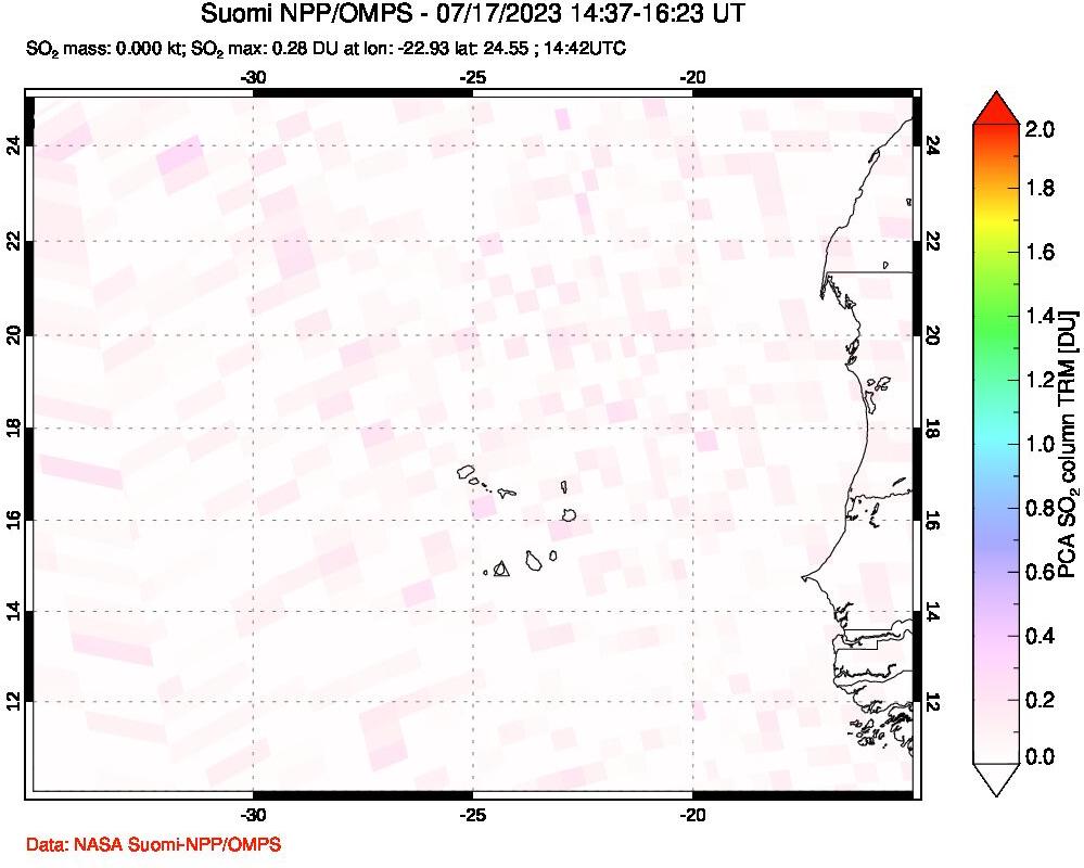 A sulfur dioxide image over Cape Verde Islands on Jul 17, 2023.