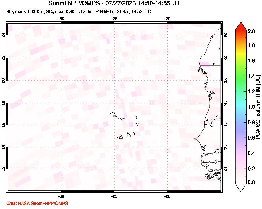 A sulfur dioxide image over Cape Verde Islands on Jul 27, 2023.