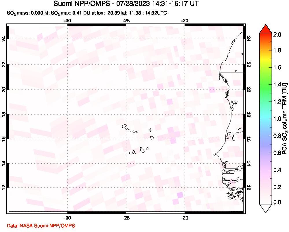 A sulfur dioxide image over Cape Verde Islands on Jul 28, 2023.