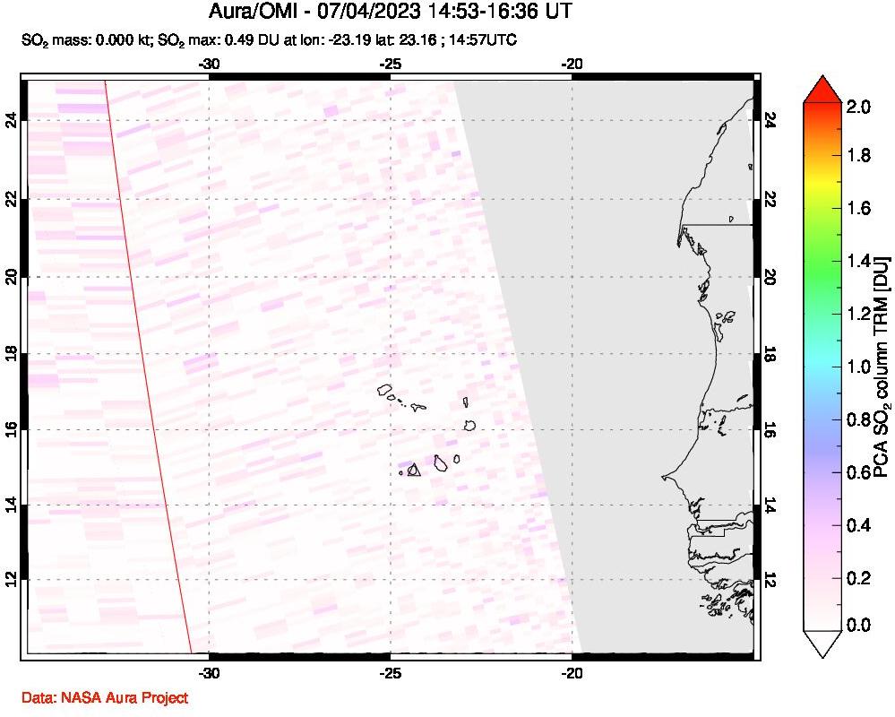 A sulfur dioxide image over Cape Verde Islands on Jul 04, 2023.