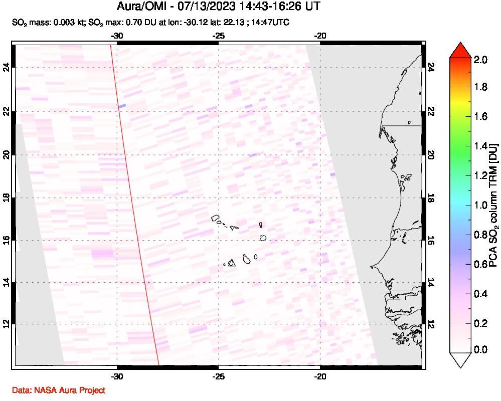 A sulfur dioxide image over Cape Verde Islands on Jul 13, 2023.