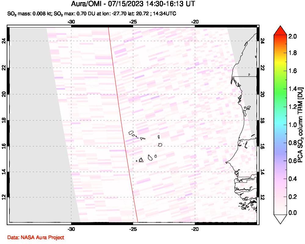 A sulfur dioxide image over Cape Verde Islands on Jul 15, 2023.
